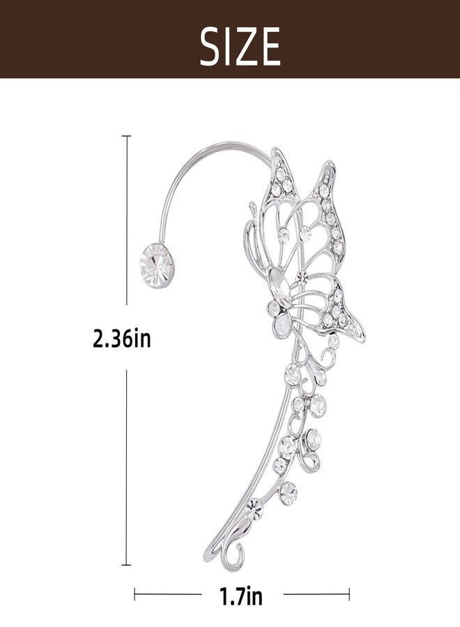 ATCEME 2 Pcs Butterfly Ear Cuff Earrings for Women Non Piercing Rhinestone Goth Fairy Elf Ear Cuff Butterfly Ear Wrap Earrings for Bridal Wedding Prom For Teen(Silver) - Image 4